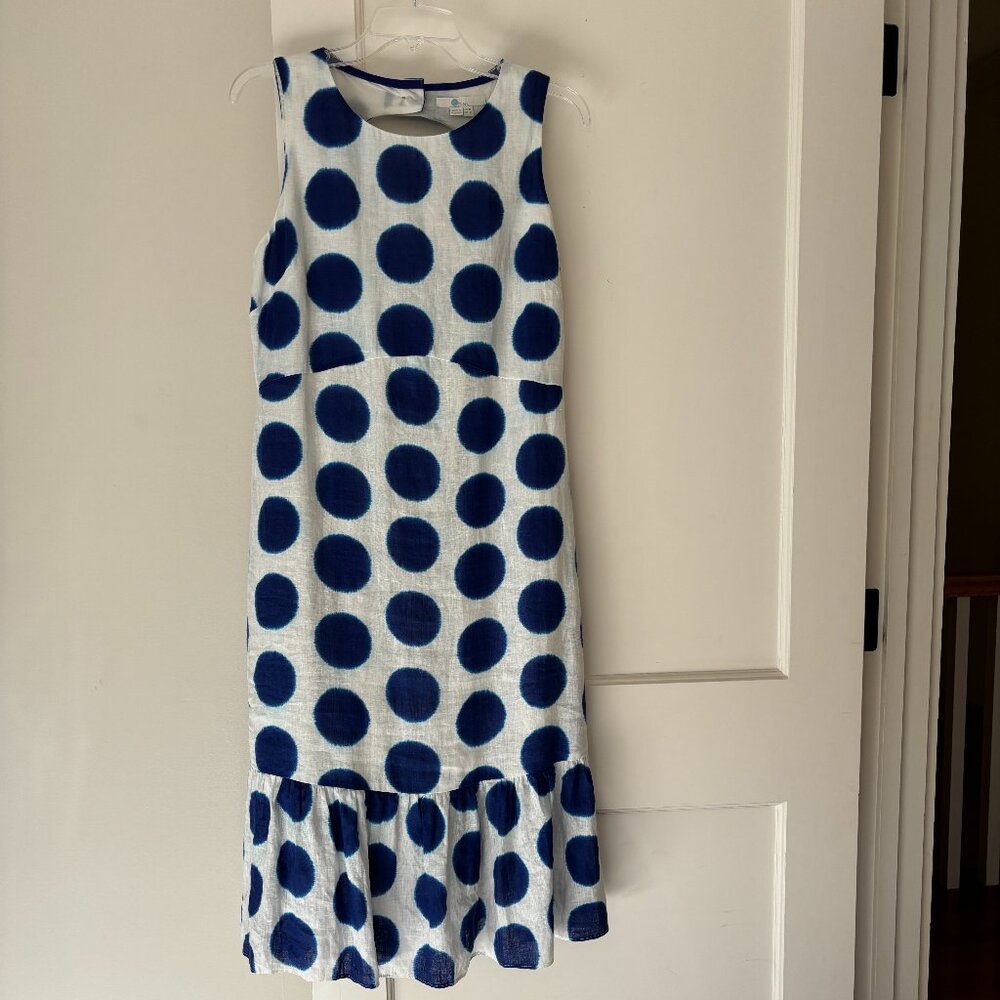 BODEN Constance Linen Dress Blue Polka Dots on White Size US 8